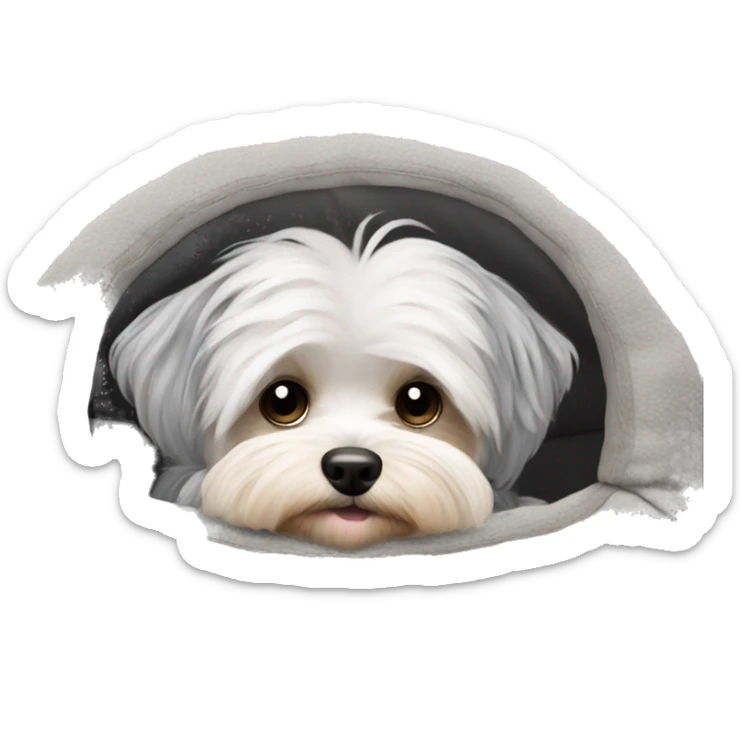 Gray hair Morkiepoo laying in plush dog bed sticker