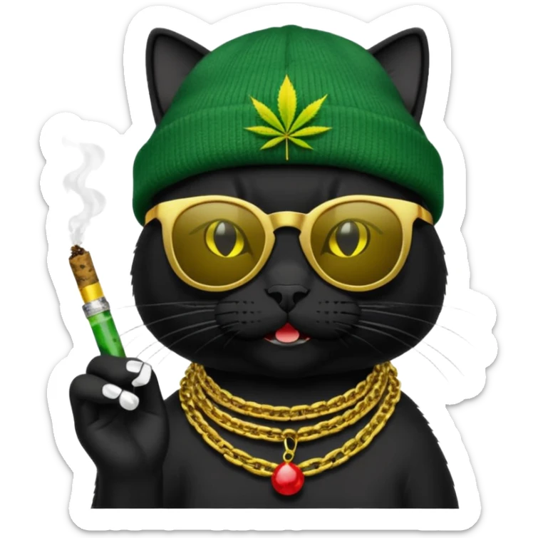 A black cat wearing the deal with it shades and a rasta beanie and smoking a joint and wearing a gold chain that says 420 and the words High Time at the top of the image sticker