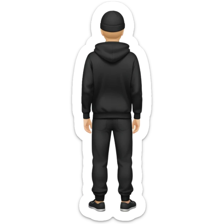 fullbody caucasian man in black hoodie on head, hands in his pockets and black pants rear backview sticker