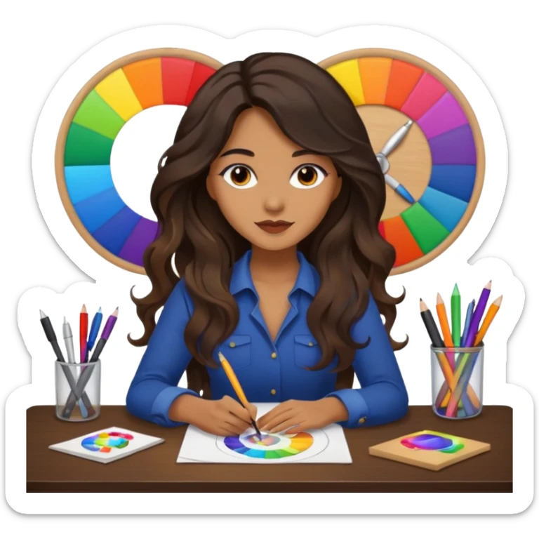 female dark wavy long hair graphic designer , color wheel, pens, papers , desktop sticker