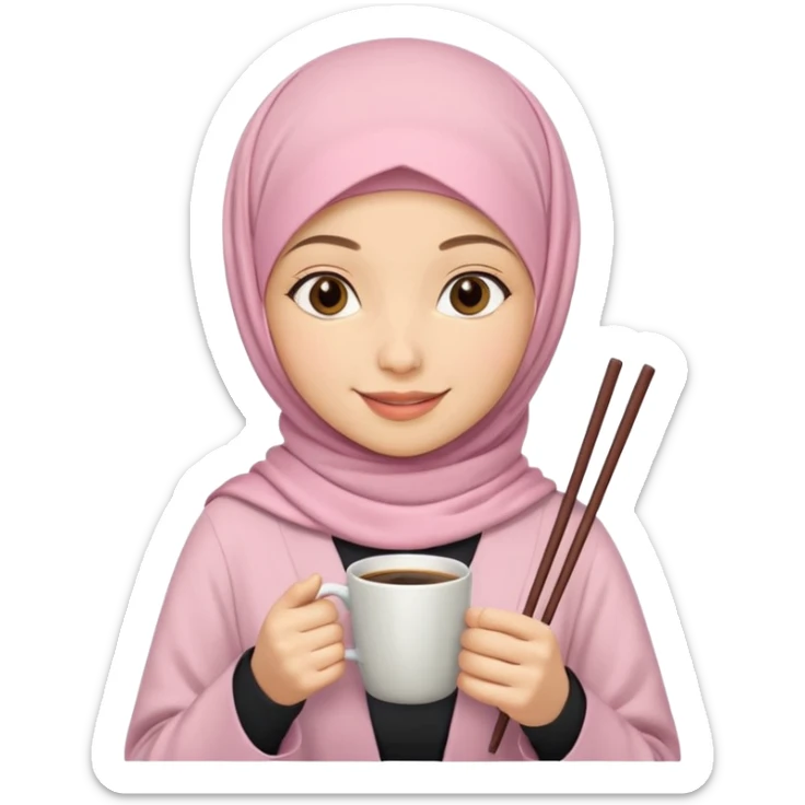 A hijabi girl with light pink hijab and tanned skin holding coffee in one hand and chopsticks in other. Only upper portion of the body shown in IOS format sticker
