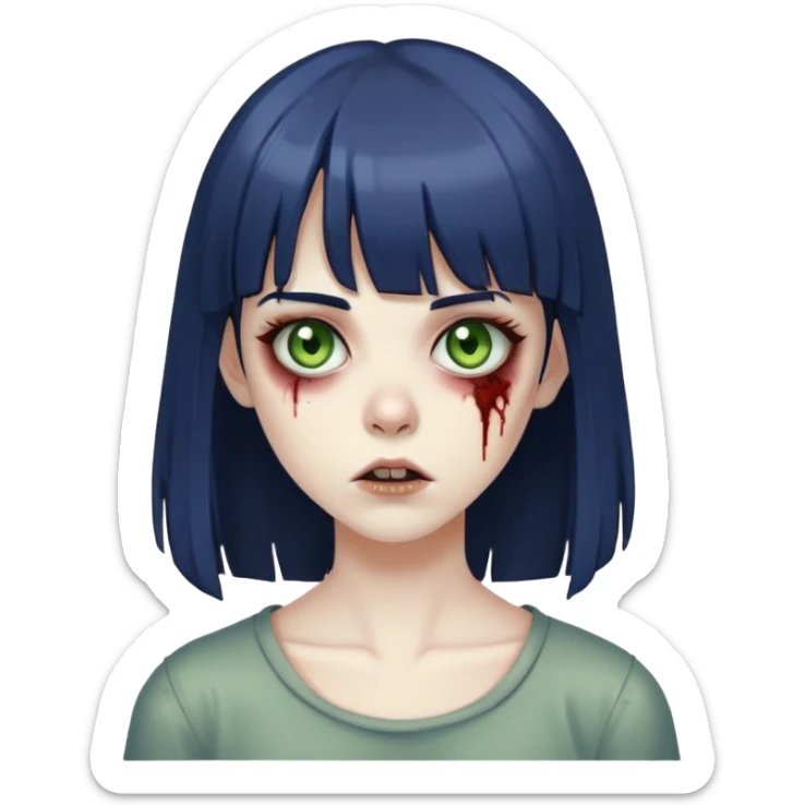 garota zombie, cabelos azuis escuros e lisos médio com uma franja na testa, olhos verdes acastanhados sticker