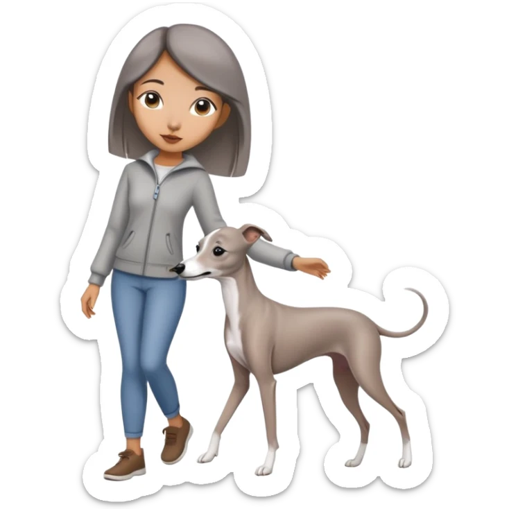 Beautiful Asian girl with cute features walking an all grey Italian greyhound with no white nose sticker