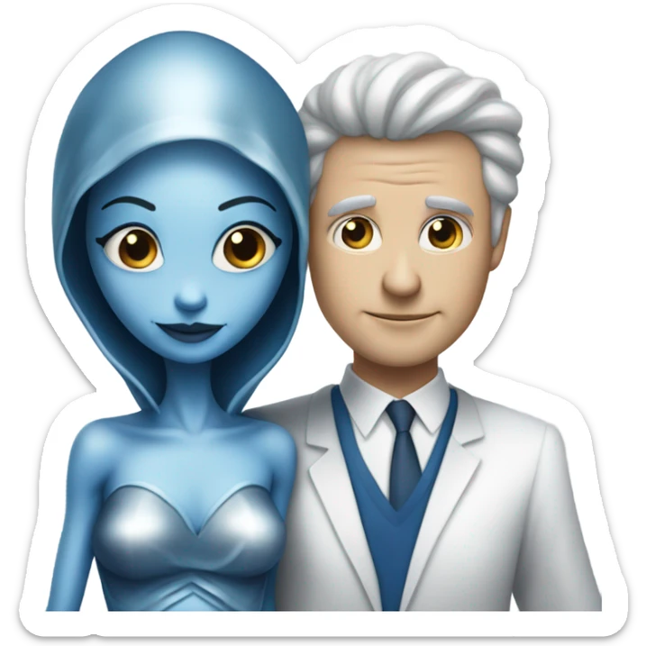 alien woman in silver dress hugs white man in blue dress sticker
