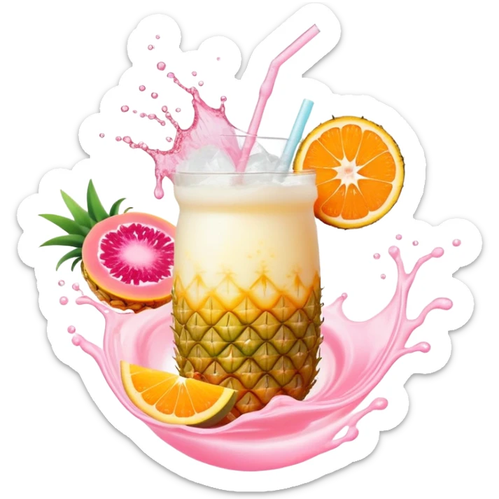 Golden pineapple, orange mango slices, pink papaya pieces, and a swirling white kefir drink floating around a glowing stomach. Light streams flow through the digestive system, showing enzymatic action dissolving blockages. sticker
