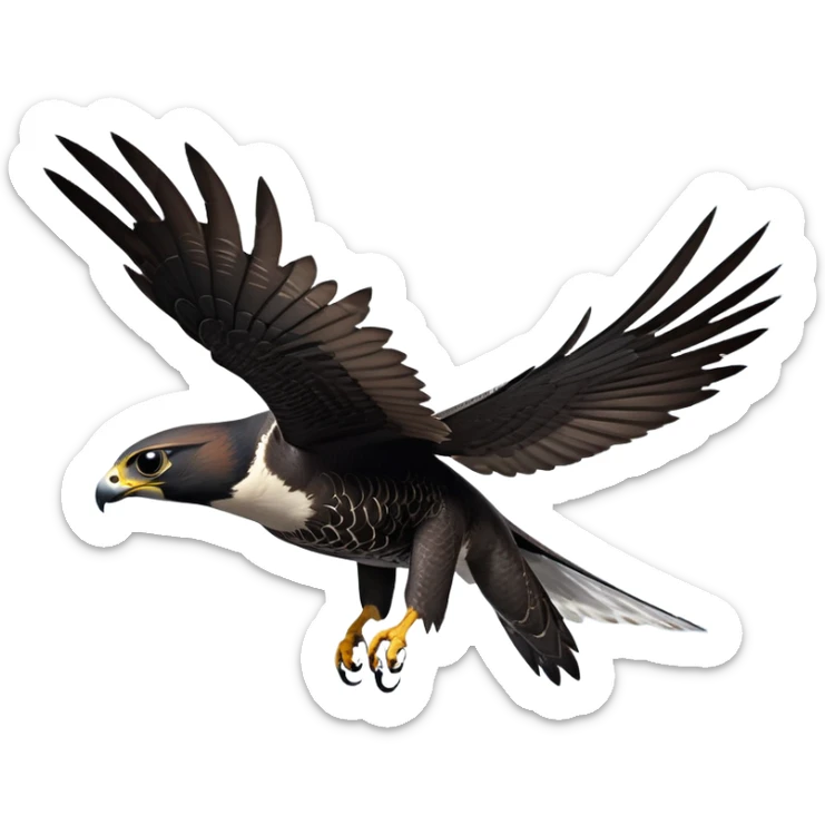 cinematic-peragrin falcon-realistic-full-body-diving-emoji,-sleek-aerodynamic-frame-plummeting-through-the-air-with-lightning-speed,-razor-sharp-talons-poised-for-the-strike,-feathered-wings-angled-for-maximum-precision,-keen-dark-eyes-locked-onto-its prey, white underside with black dotted feathers sticker