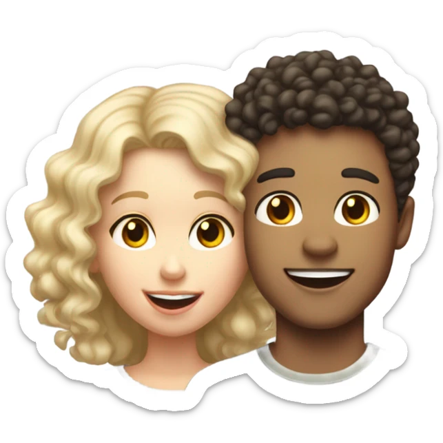 Dark curly haired shorter girl with taller white blond boy smiling with tongue out couple photo sticker