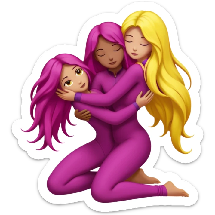One figure is dark magenta and is kneeling.
	•	The other figure is yellow with long hair and is being held, with their arms around the magenta figure’s neck.
	•	The yellow figure’s legs wrap around the magenta figure’s waist, suggesting a close, intimate embrace. sticker