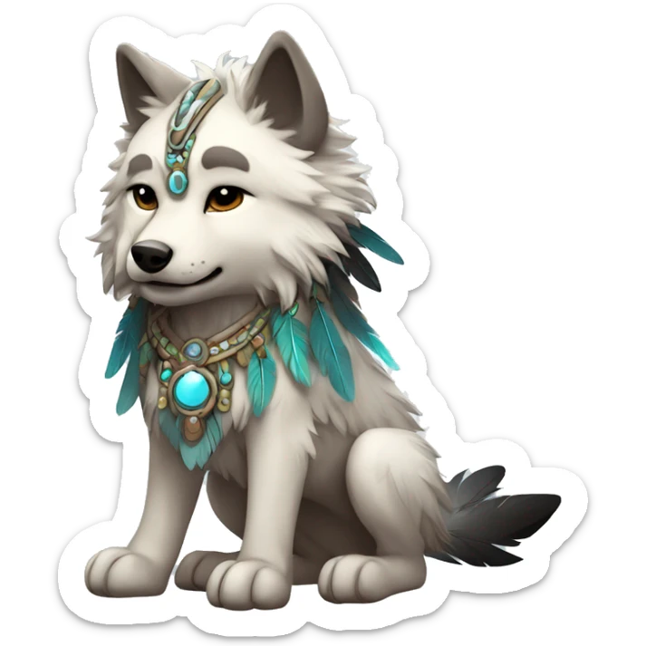 Fluffy Shy Chibi Spiritual Shamanic Wolf With Shiny Tribal Markings wearing feathers Full Body sticker