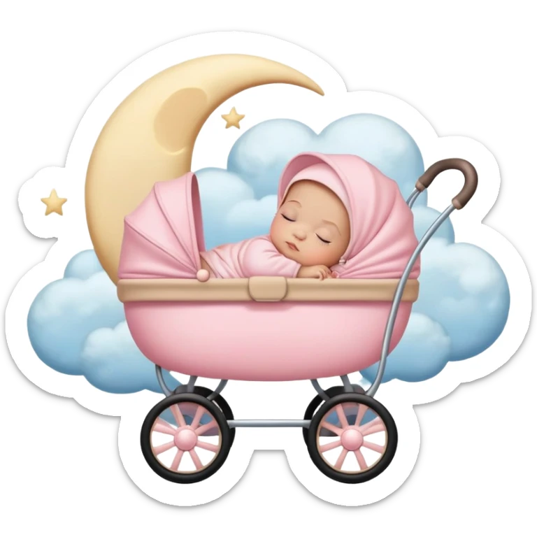 sleeping baby in pink and beige stroller with crescent moon and stars above with pastel blue clouds sticker
