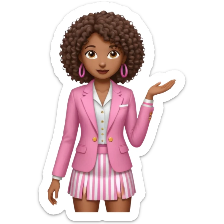 African American curly haired woman with In a pink and white pin stripe blazer short skirt set  sticker