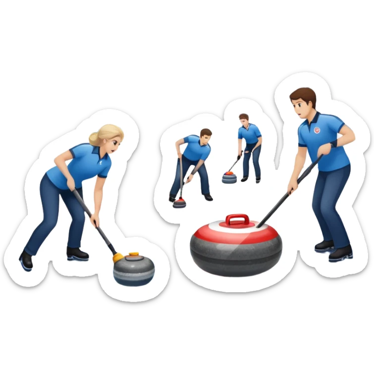 An icon showing a curling stone sliding across an icy rink toward the target, with sweeping players in action. The scene includes spectators, bright arena lights, and national flags, set against a clean, winter-themed background. Transparent background captures the focus and strategy of curling. sticker