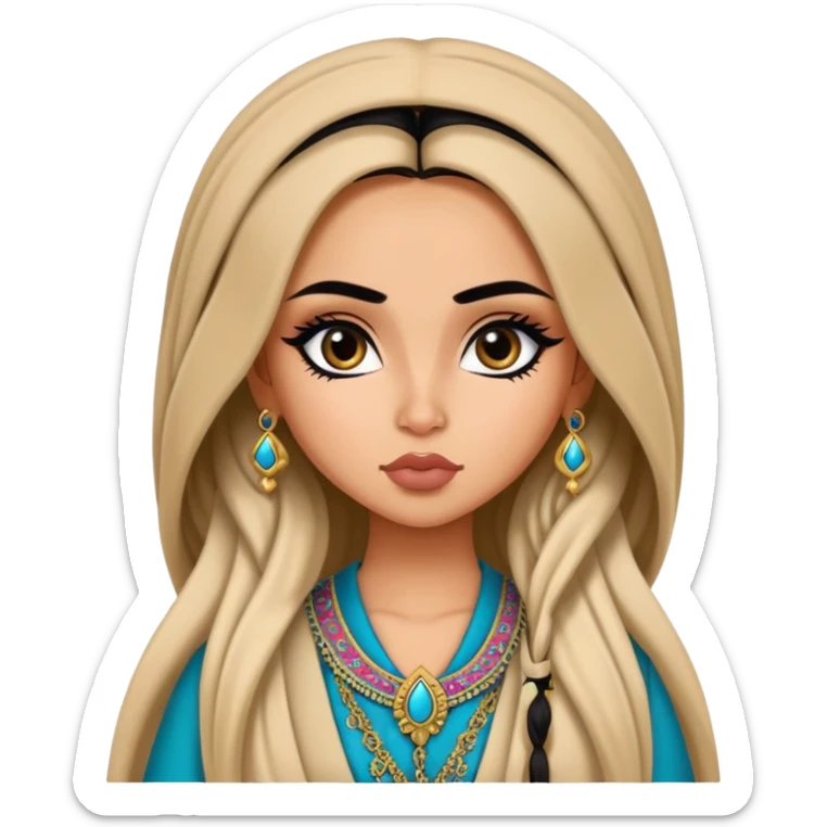 Afghan nose, pretty lips, afghan clothes, medium skin,  long hair, pretty bratz baddie, black eyeliner sticker