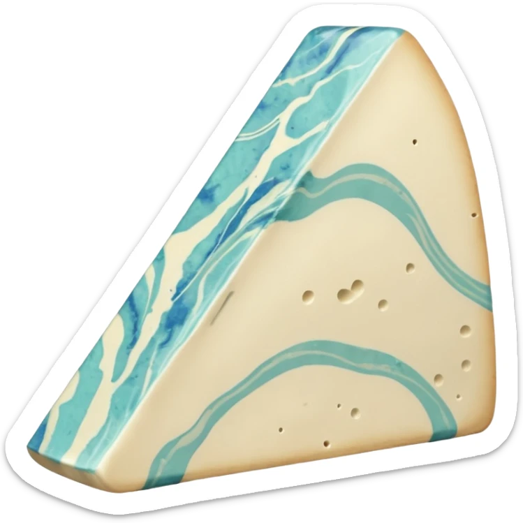 creamy gorgonzola wedge pale ivory with blue-green veins moist rich surface natural beige rind smooth cut showing marbling no extras soft lighting subtle shadows emoji scale sticker