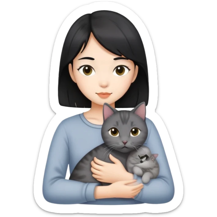 Black hair Asian girl with a grey domestic short hair cat sticker