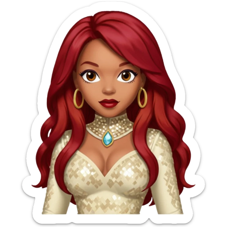 LaTavia Robeson from Destiny's Child with long dark red hair, cream sequin outfit sticker