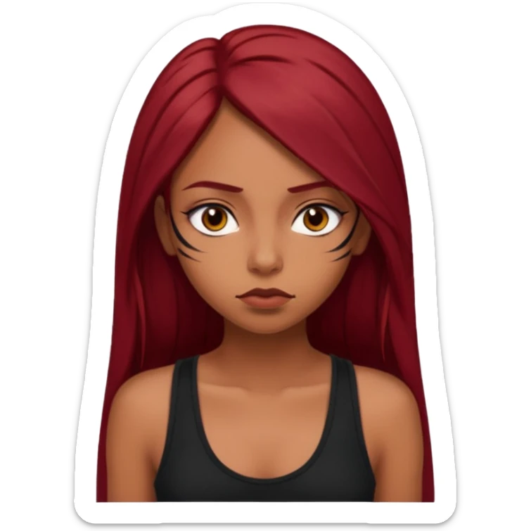 a brown girl with straight long dark red hair, black tank top, eyeliner on. Looking sad sticker