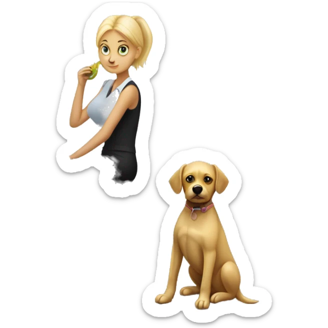 Small black dog sitting in an office with a pretty blonde woman waiting for lunch sticker