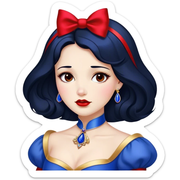 Cinematic Stunning Snow White Portrait Emoji, Fair skin glowing like porcelain, ruby-red lips, deep brown eyes full of kindness, raven hair framed by her iconic red bow, wearing her royal blue and gold gown, exuding timeless beauty and grace! sticker