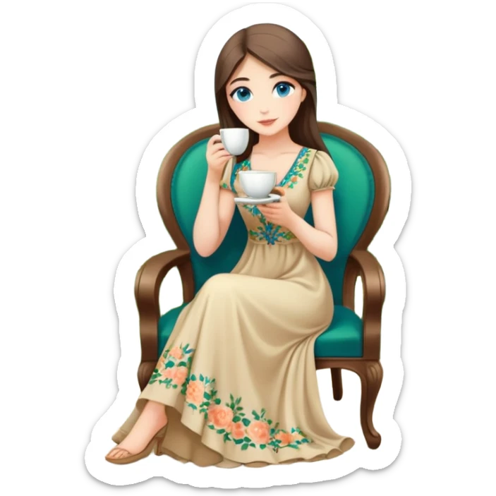 Turkish beautiful finish Konya girl blue eyes with Beautiful beige green floral long tail dress and this two friends sit in a lovely garden on the chair on the ground and holds cup coffe with her hand  sticker