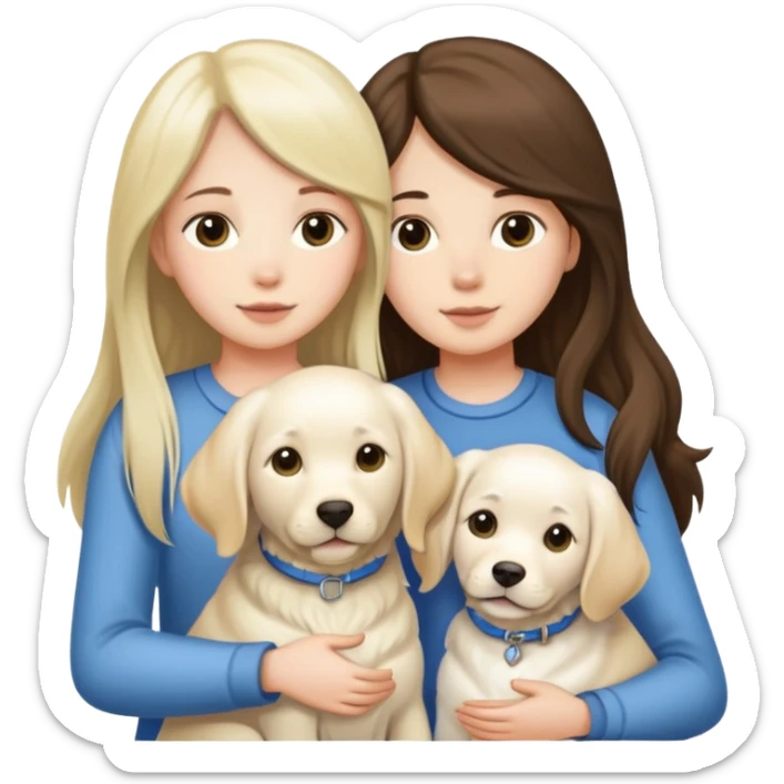 A long-haired girl and a medium-length-haired girl holding a white Labrador sticker