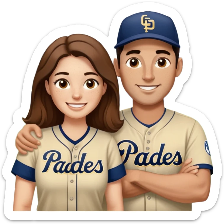 *White* Smiling couple. Woman has big cheeks and a lot of freckles on the nose. long brown hair. Man has black and very short hair and prominent eyebrows with egipcian nose. Both are wearing “Los Padres” baseball jerseys and with a sign that says “Go Padres!” sticker