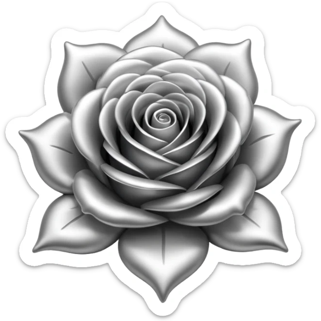 A rose emoji made of liquid silver metal minimalistic iOS emoji style, centered sticker