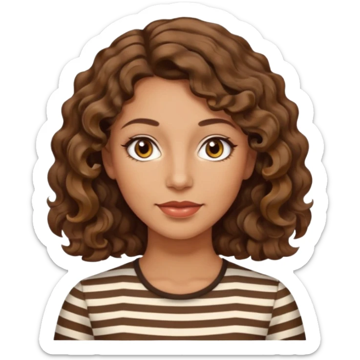 woman, 40s, chin-length wavy/curly brown-ish, few white stripes hair, hazel eyes sticker