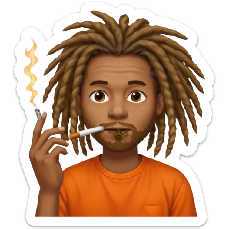 Brownskin man with very long dreadlocks orange shirt smoking weed blunt in mouth sticker