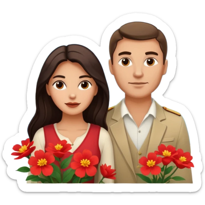 Couple traveling in Montenegro russian man and elegant  Latina girl delicate flowers and mountains in the background  sticker
