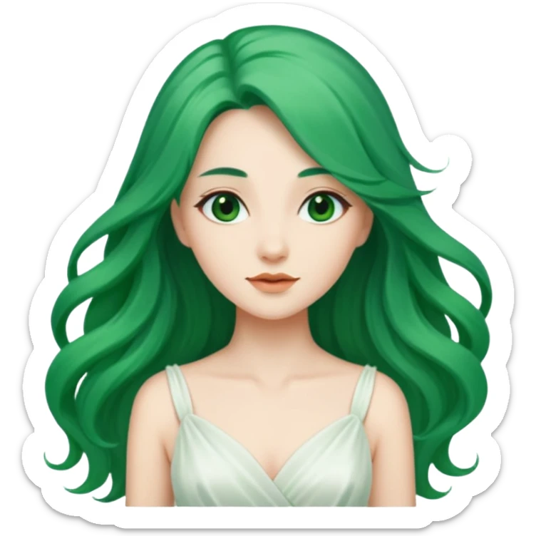Woman with Long Emerald Hair – flowing green hair, elegant look, white dress sticker