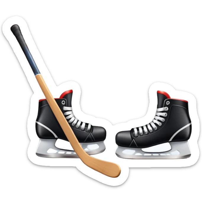 An icon featuring close-up shots of key hockey equipment: a hockey stick, puck, and skates. The background shows a packed stadium with cheering fans, bright arena lights, and an icy rink. Transparent background highlights the essentials of the game and the thrill of the sport. sticker