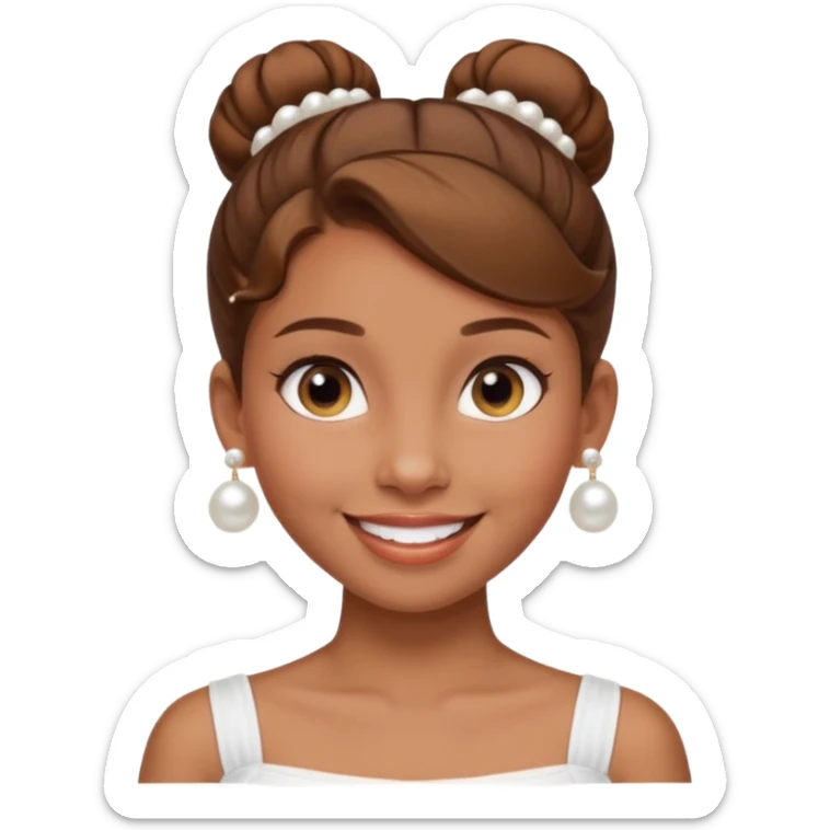 Light brown skin girl, brown hair in bun, smiling, white tube top, pearl earrings sticker