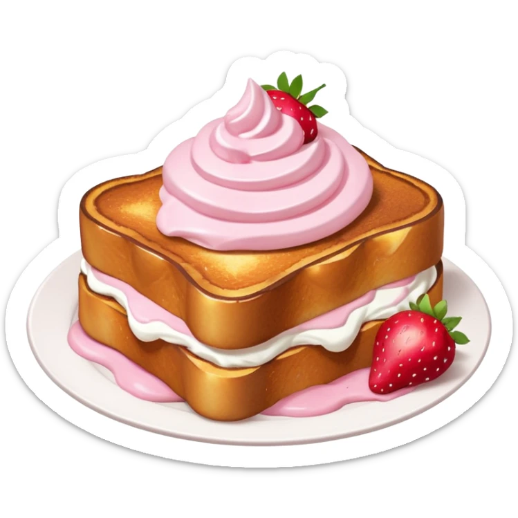 French toast with strawberry on top and pink whipped cream sticker