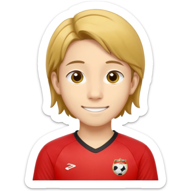 - Nam
- 15 tuổi
- Da vàng
- Tóc nâu ngang vai, vén mang tai
- Mặt bình thường, Cười mỉm, Mắt to, mũi to
- Áo bóng đá màu đỏ
 sticker