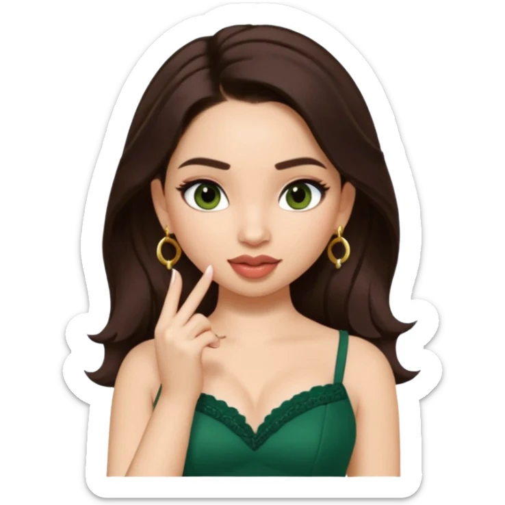 pretty bratz genmoji that looks like tamannah bhatia (bollywood actress), wearing a dark green sweetheart neckline top, dark brown hair, light makeup, no necklace, dangly earrings, side hair part, fair. dark brown eyes


Show her licking her finger  sticker