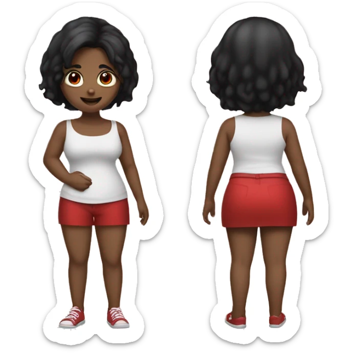 a girl with black hair red eyes big belly and wide back with takis in hand sticker
