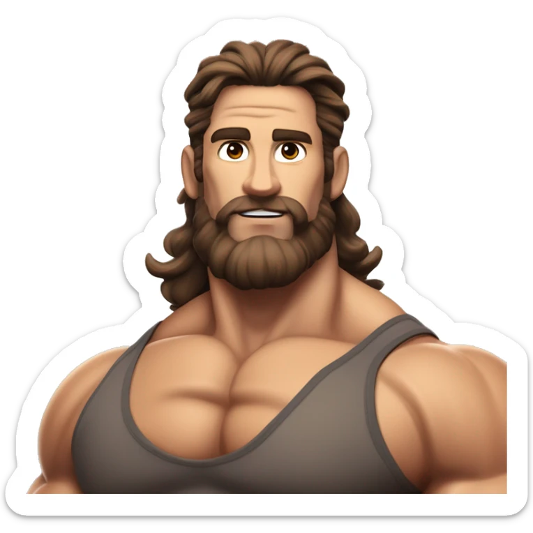 muscled hairy bodybuilder brown hair beard,enormous pecs and enormous biceps, long wavy hair in a man bun, with dark brown eyes, and tanned skin, full body from head to toes picture, flexin both biceps, hairy body, wearing, bodybuilding posing swimsuit sticker