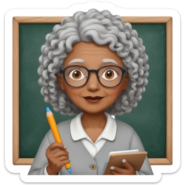 old woman teacher, brown skin, curly grey white hai, wearing glasses, hold chalk on hand sticker