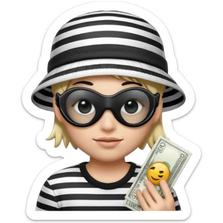 Realistic ios emoji-style portrait of a classic burglar, a black eye mask and a black-and-white striped shirt. Highly detailed, natural skin texture, realistic shadows, smooth gradients, glossy reflections in the eyes. emoji-like hair, black hat, an ios emoji bag of money in a right corner  sticker
