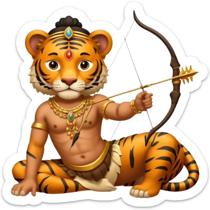 Ayyappa sitting on tiger with bow and arrow and wearing a gold and king dress sticker
