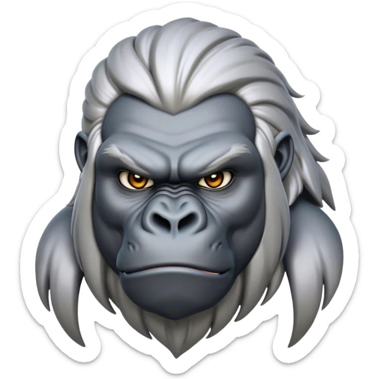 Cinematic Noble Silverback Gorilla Portrait Emoji, Poised and majestic, with a powerful, muscular frame accentuated by a distinguished silver mane and piercing, wise eyes, Simplified yet sharp and sophisticated features, highly detailed, glowing with a soft, regal jungle glow, high shine, intelligent and commanding, stylized with an air of imperial strength, focused and resolute, soft glowing outline, capturing the essence of a watchful guardian that feels as though it could step out of the screen with effortless authority! sticker