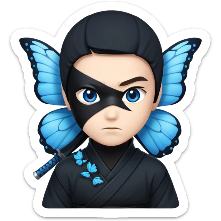Crea un emoji para usar en WhatsApp con estos dos emoji 🥷🏻 🦋.
Ninja vestido de negro con la piel blanca y una mariposa azul posada en su hombro izquierdo como si la mar6 estuviera volando en su hombro. sticker