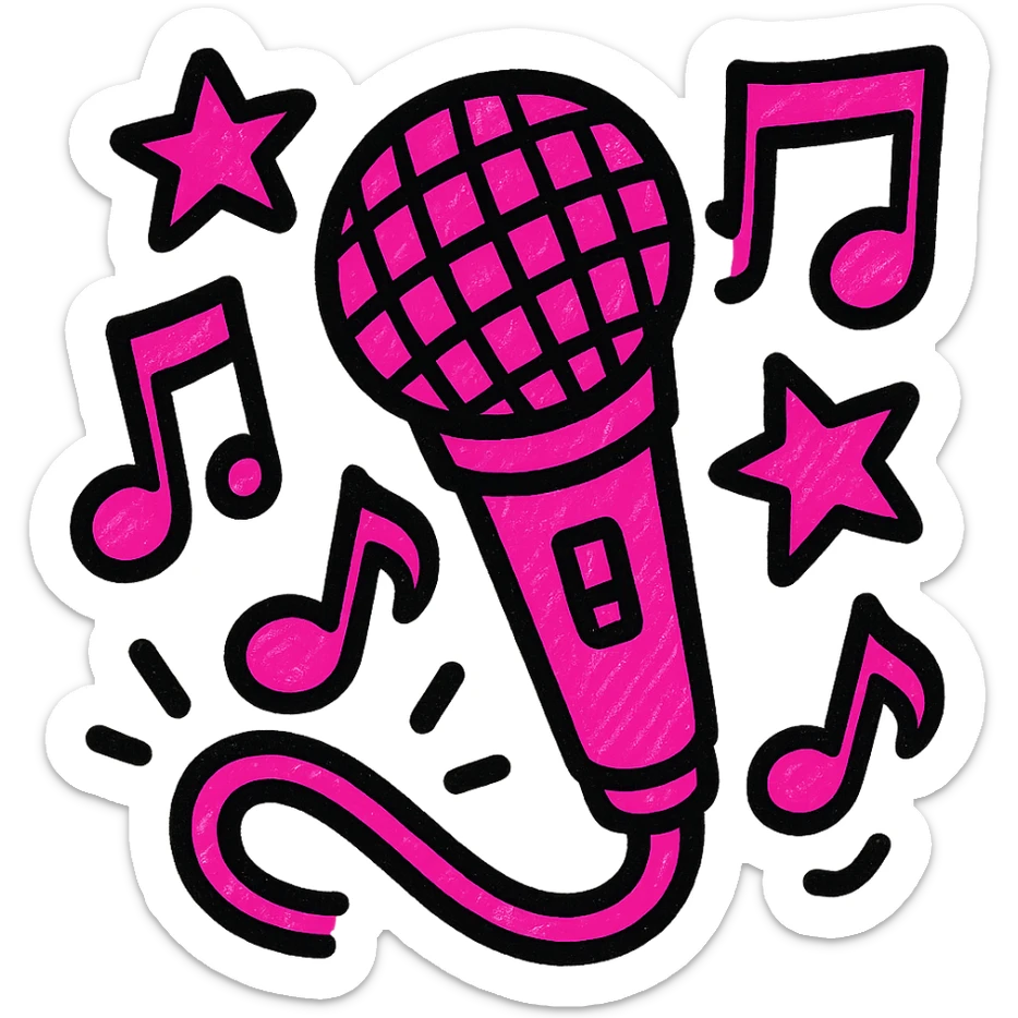 microphone with musical notes and stars, all in vibrant shades of pink, inspired by Eurovision's festive spirit sticker