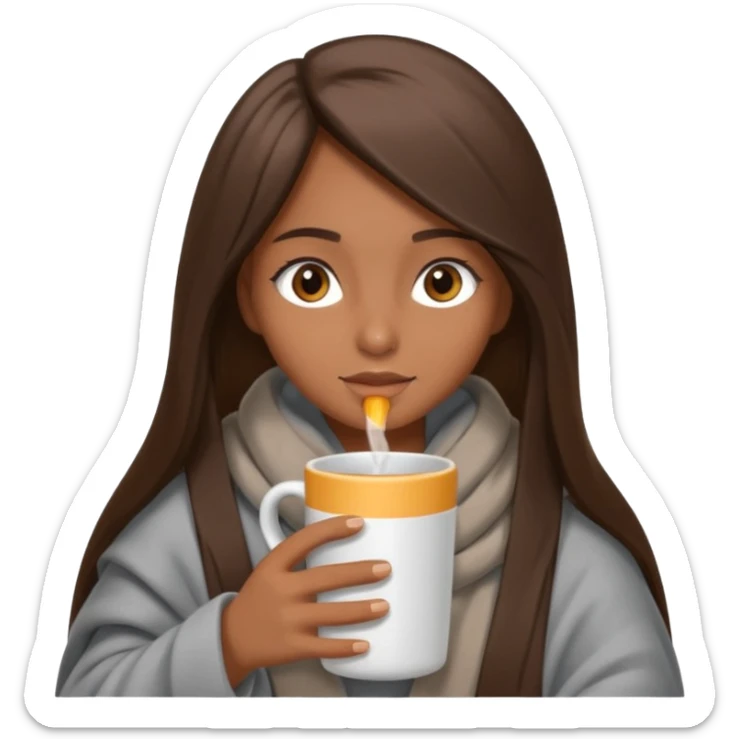 A girl with brown eyes, an ios emoji, long straight hair, wrapped in a gray blanket, and drinking from a New Year's mug sticker