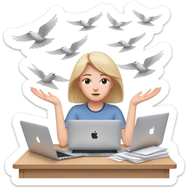 tired woman sitting at a desk with a MacBook, holding her arms out to the side, surrounded by flying papers sticker