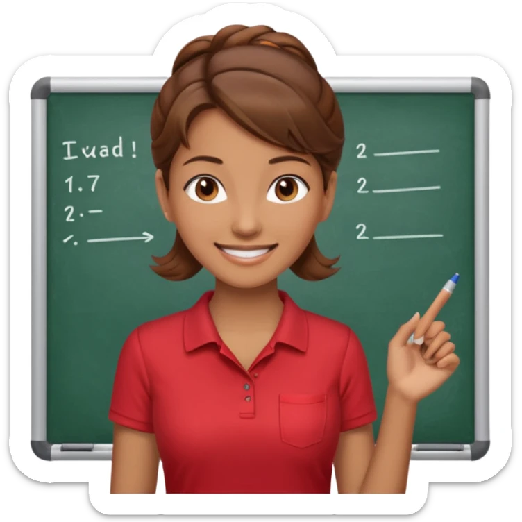 Happy instructor female brown hair whit board hair up red shirt sticker
