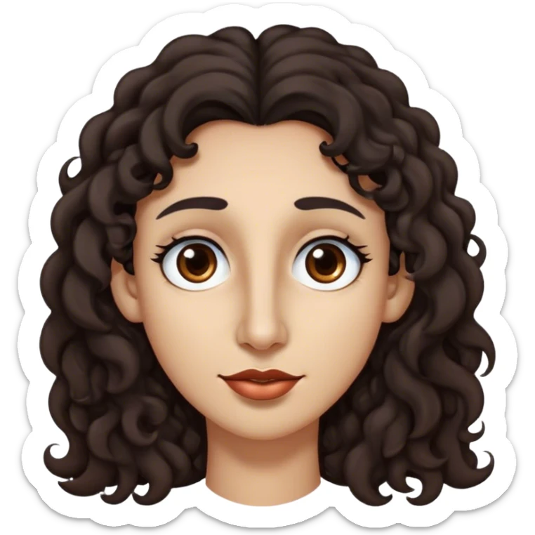 Long dark brown curly hair, long nose, long chin, long face, dark brown eyes, dark far eyebrows, light medium skin tone sticker