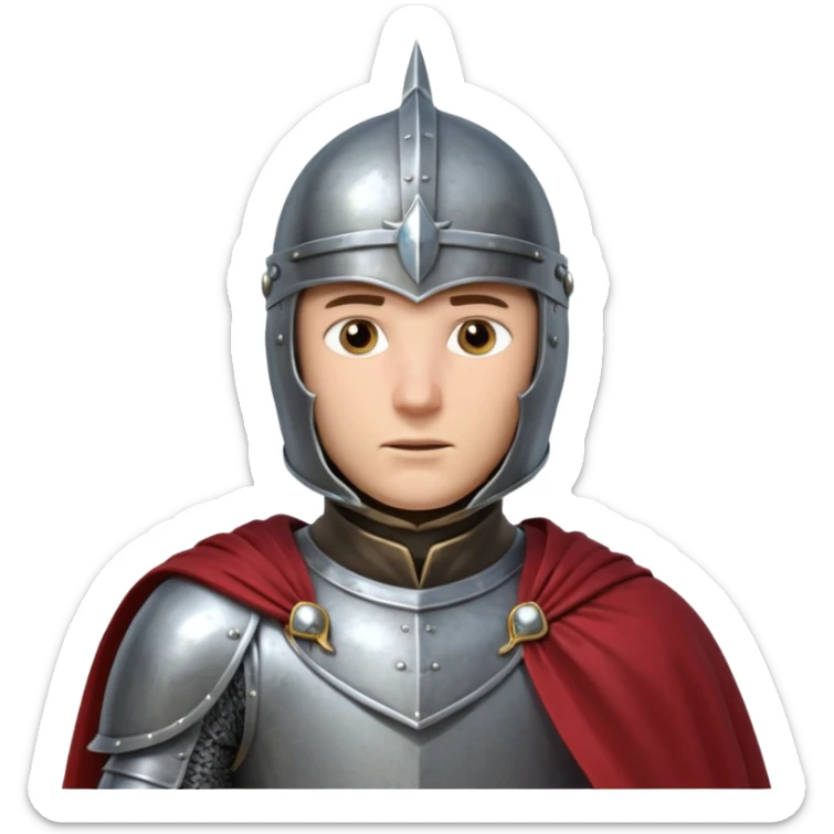 medieval knight horse rider portrait, head and shoulders only, polished steel armor collar, royal cape clasp, helmet partially visible, intense heroic eyes, fantasy medieval vibe, dramatic lighting, 3D cartoon, mobile game icon style, clean background, no text, no watermark
 sticker