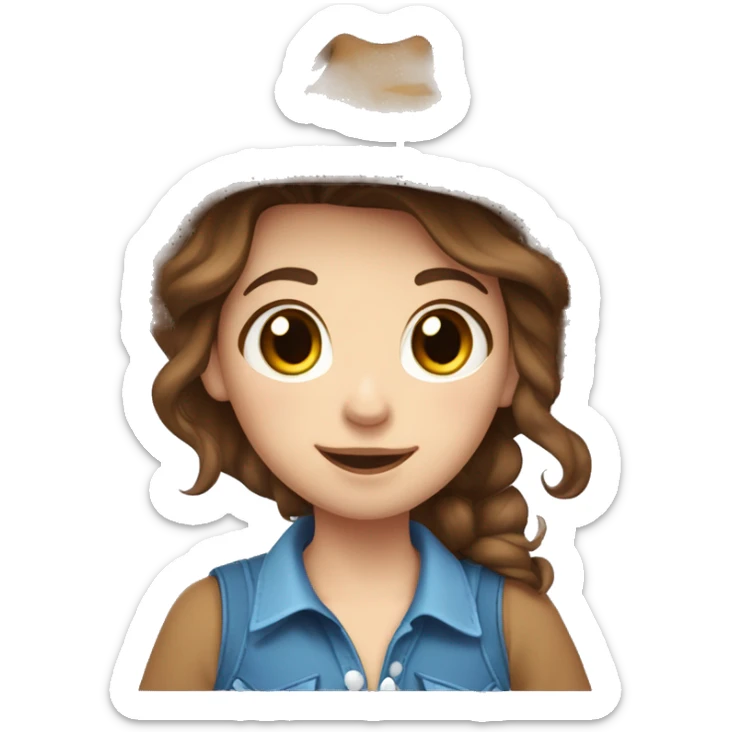 , a cow girl with brown hair, dressed in a blue top decorated with stars, ((in love)), surrounded by a white outline, sticker